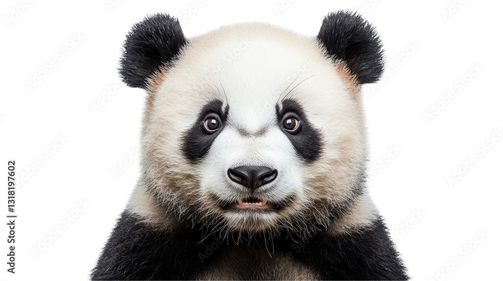 Fototapeta premium Close-up portrait of a playful panda looking curiously at the viewer. transparent background
