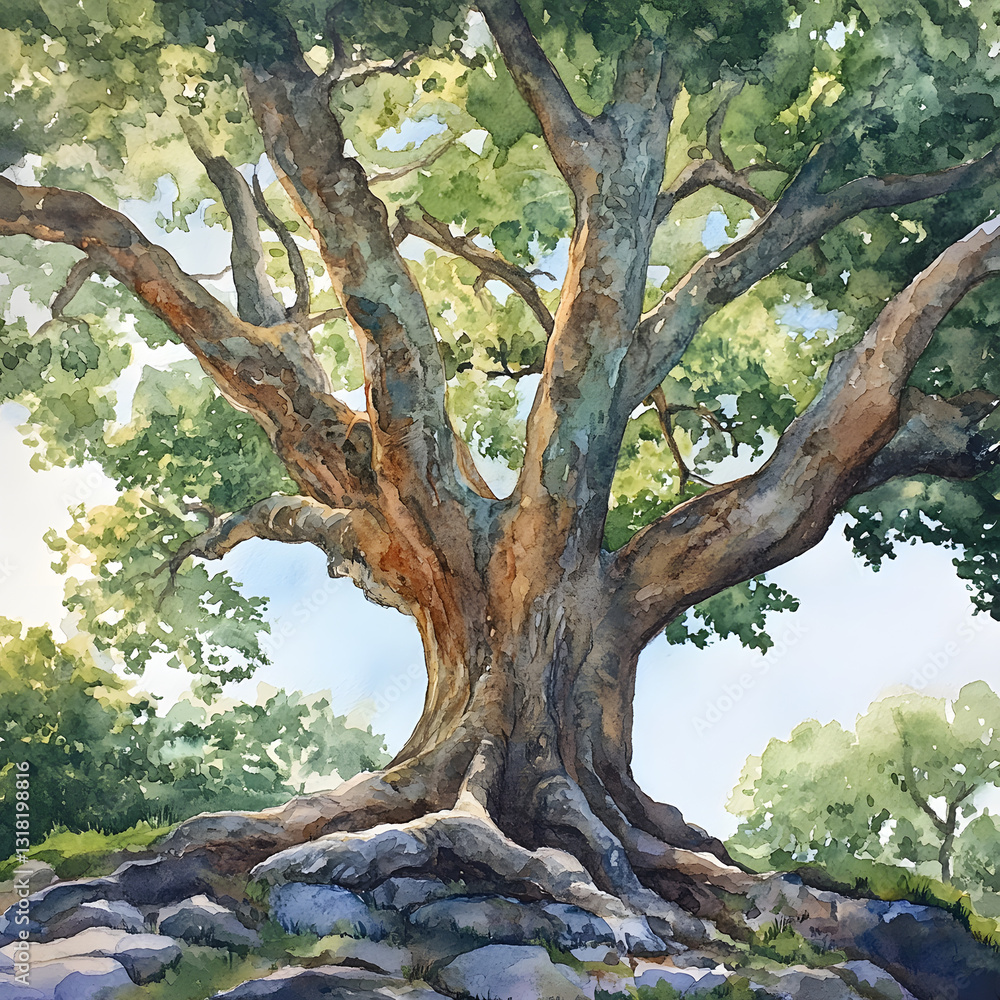 Obraz premium Majestic Old Tree in Watercolor Painting