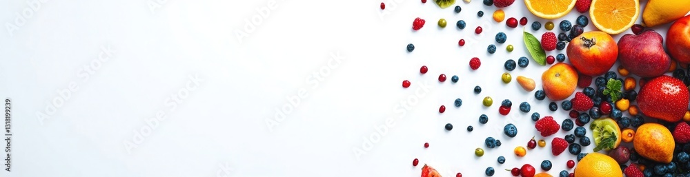 Colorful array of fruits isolated on a white background, a banner with a copy space area for a healthy eating and dieting concept Colorful array of fruits isolated on a white background, a banner with a copy space area for a healthy eating and dieting concept