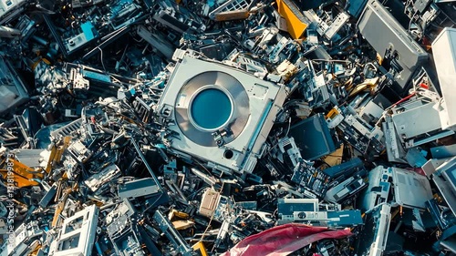 Discarded electronics and machinery piled in a recycling facility highlighting e-waste issues in modern society