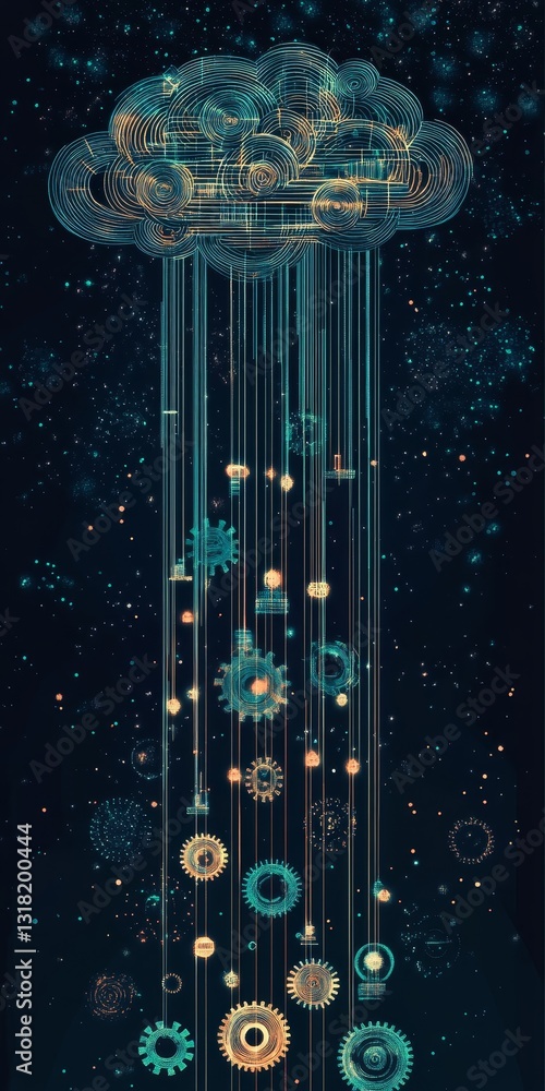 Abstract Cloud with Gears and Digital Elements in Futuristic Style Abstract Cloud with Gears and Digital Elements in Futuristic Style