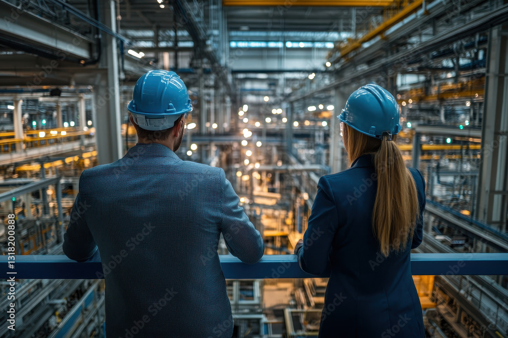 Two people in hard hats inspecting a factory. Two people in hard hats inspecting a factory.