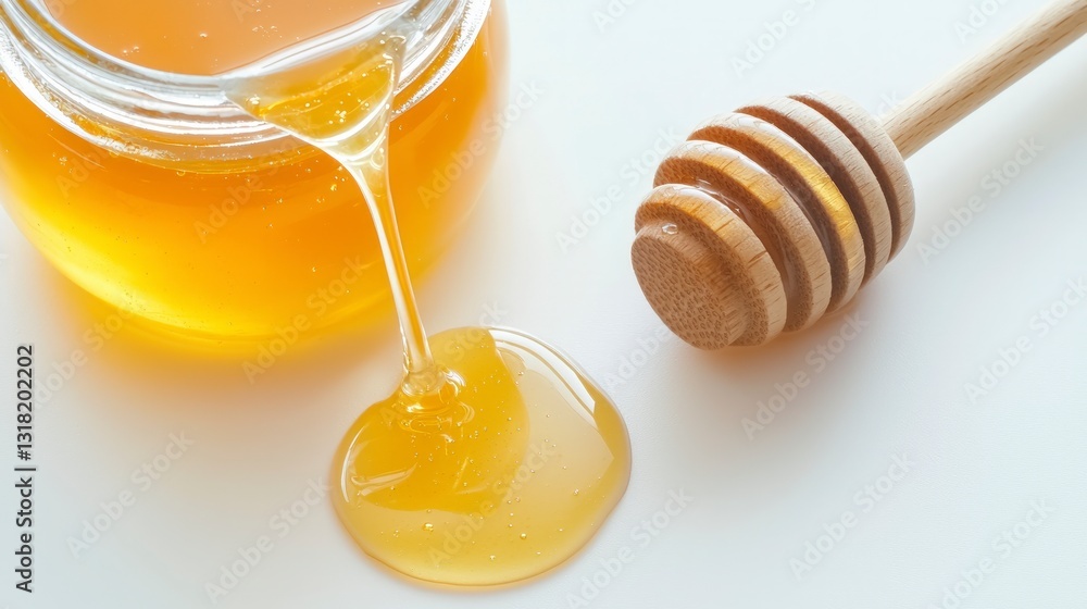 Golden Honey Pouring from Jar Wooden Dipper Closeup Golden Honey Pouring from Jar Wooden Dipper Closeup