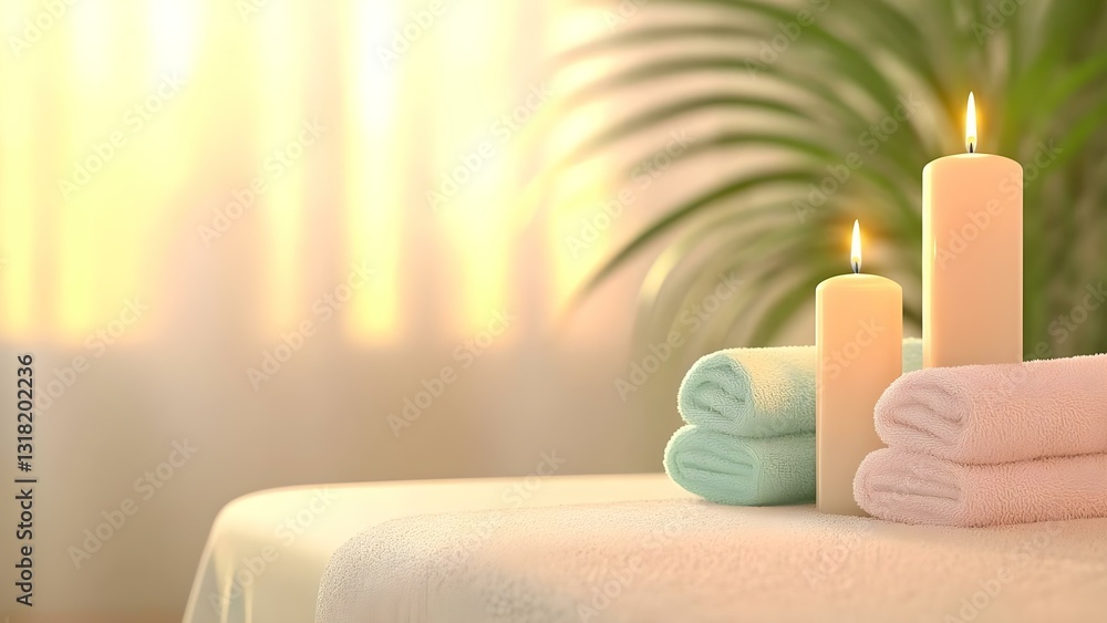 A serene spa setting with two lit candles and neatly stacked towels, complemented by soft lighting and a plant in the background. Concept Spa Ambiance, Relaxation Space, Candlelit Atmosphere A serene spa setting with two lit candles and neatly stacked towels, complemented by soft lighting and a plant in the background. Concept Spa Ambiance, Relaxation Space, Candlelit Atmosphere