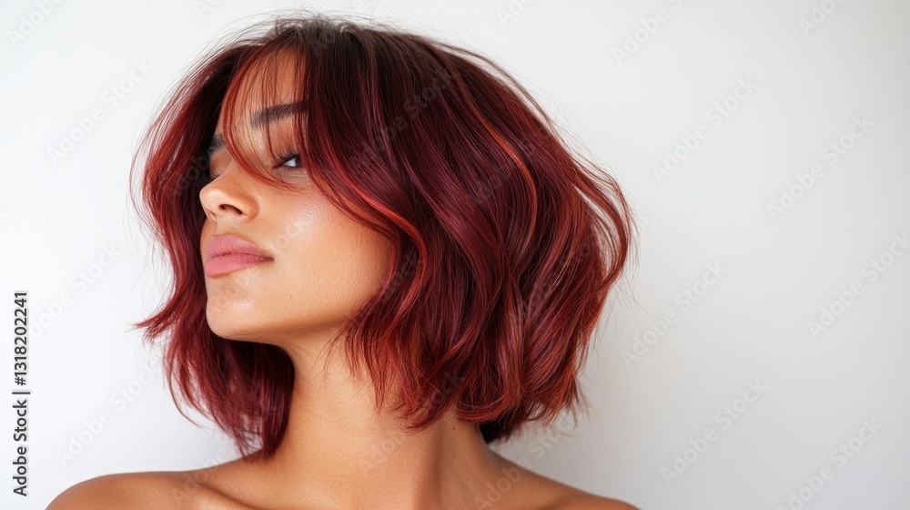 Naklejka premium Burgundy Balayage Hair Woman s Medium Wavy Bob Hairstyle