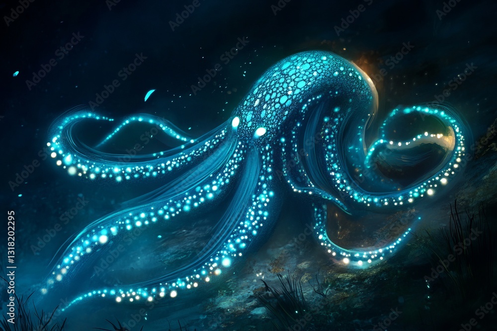 A mesmerizing blue octopus glows in the dark ocean depths, showcasing vibrant bioluminescence and intricate patterns that enhance the enchanting underwater scene. A mesmerizing blue octopus glows in the dark ocean depths, showcasing vibrant bioluminescence and intricate patterns that enhance the enchanting underwater scene.