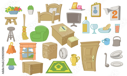 Set of furniture items in room or house, door, window, television in cartoon style, good for childrens book.