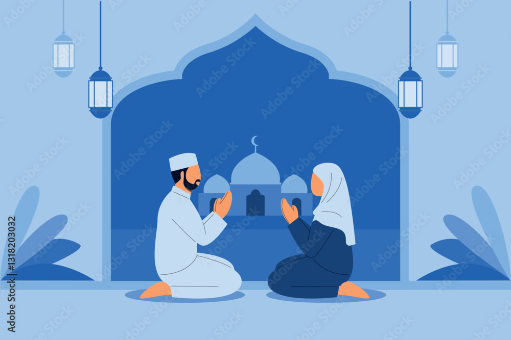 Obraz premium Ramadan Kareem, Peace and Love Together, Men and Women Forgive Each Other 