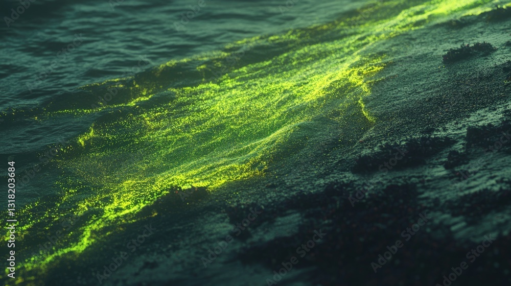 The ocean water with glowing green particles creates a striking view The ocean water with glowing green particles creates a striking view