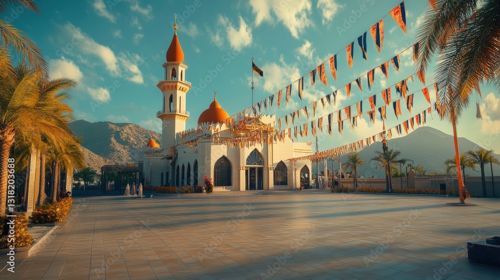 Fototapeta premium A beautiful mosque with a minaret and palm trees in sunlight