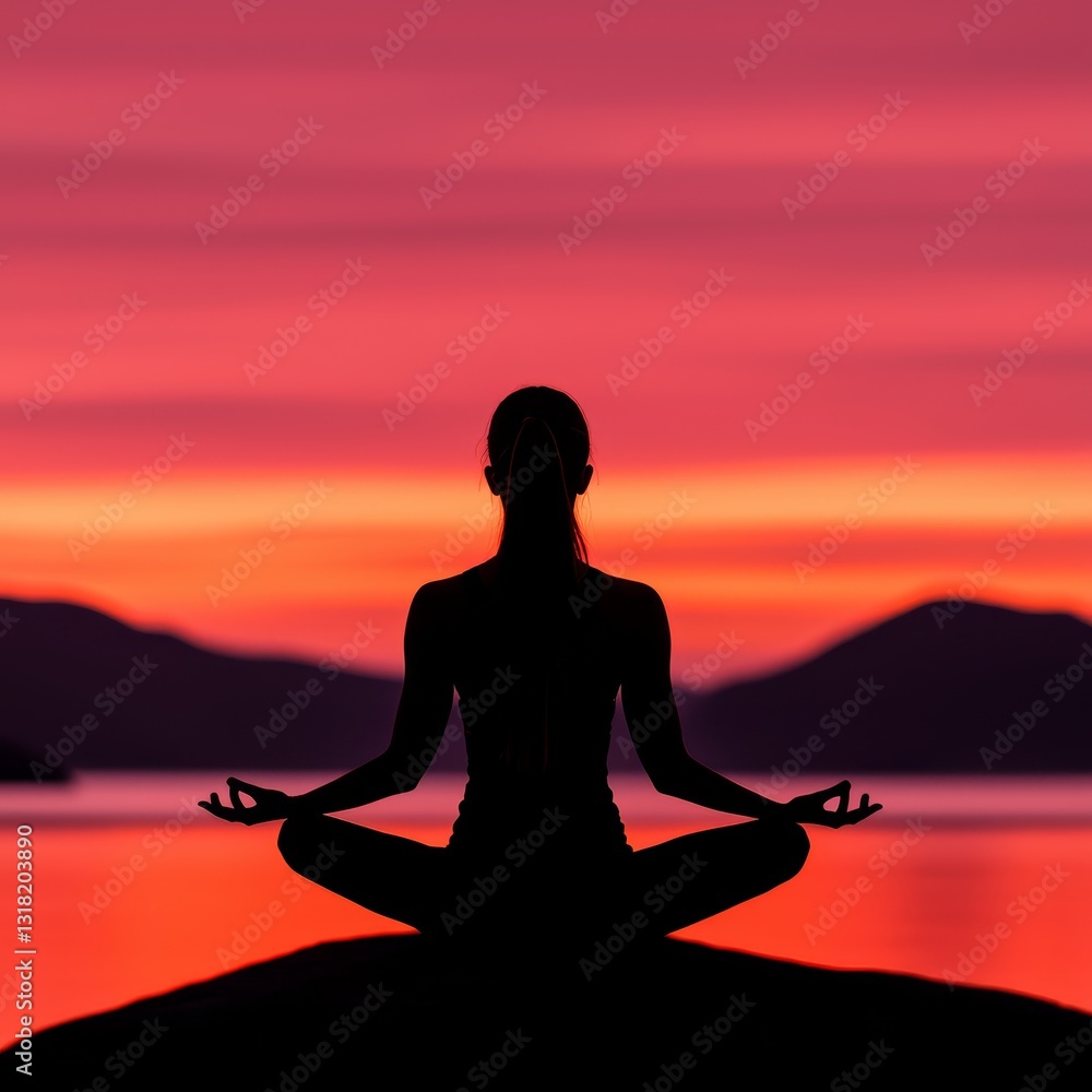 Woman Meditating at Sunset Silhouette Peaceful Yoga Pose Woman Meditating at Sunset Silhouette Peaceful Yoga Pose