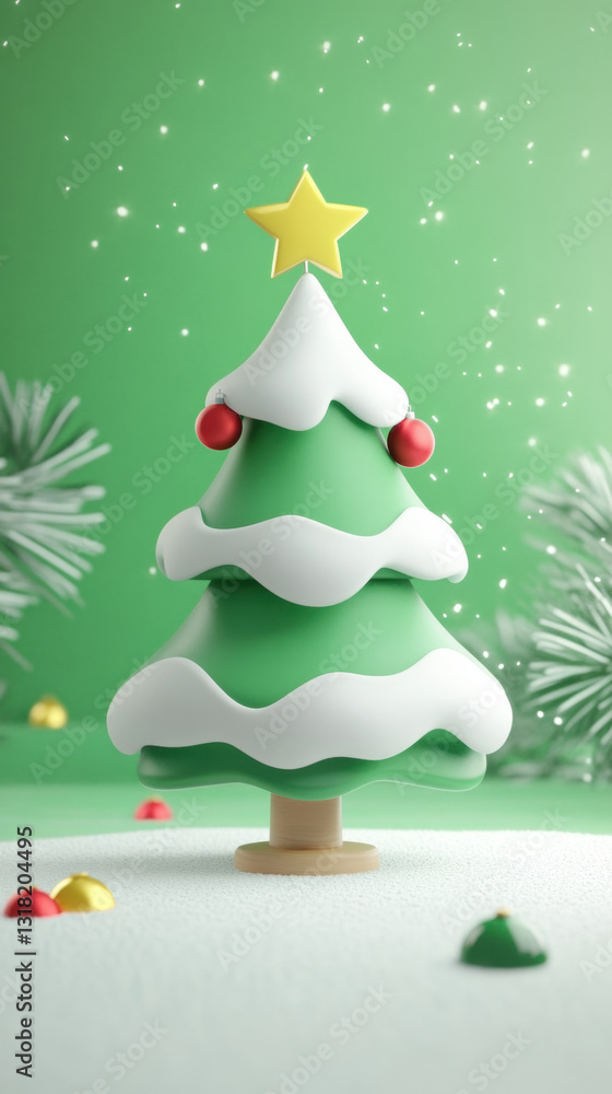 Fototapeta premium Stylized Christmas tree with snow and ornaments on a green background