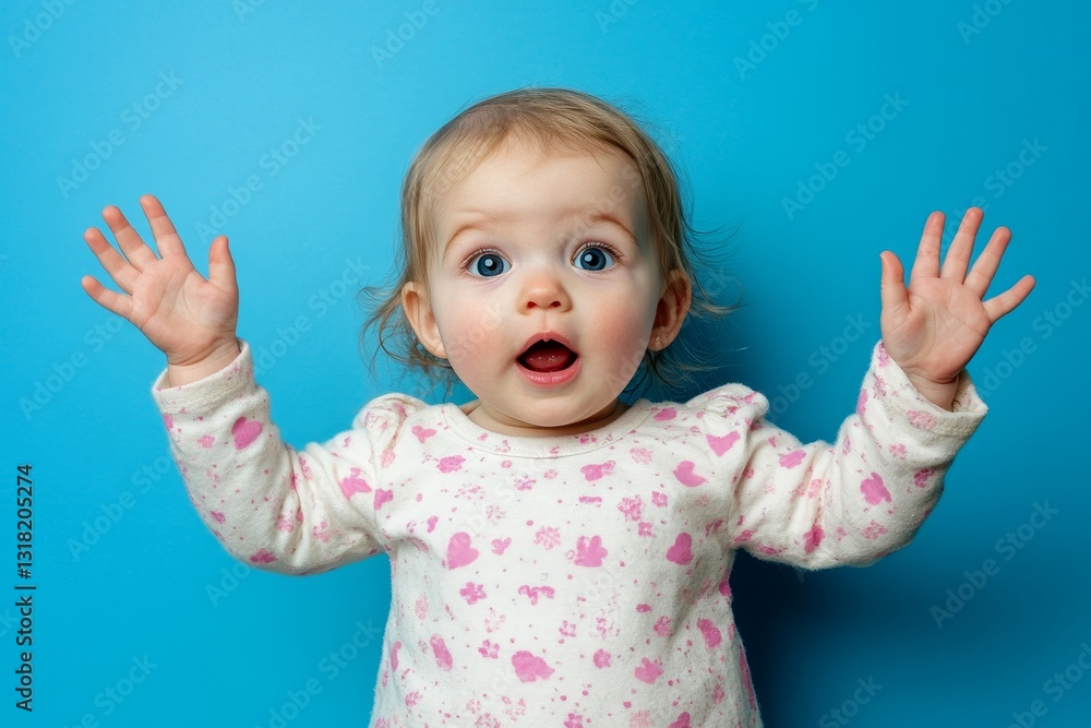 Portrait of surprised cute little toddler girl child standing isolated over blue background. Looking at camera. hands near open mouth Portrait of surprised cute little toddler girl child standing isolated over blue background. Looking at camera. hands near open mouth