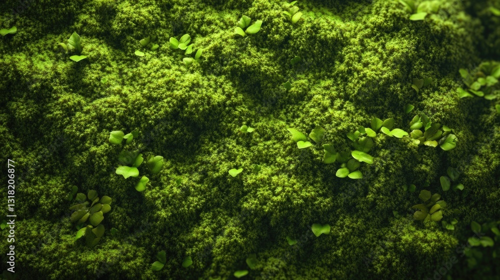 Green mossy vegetation with small leaves across the surface Green mossy vegetation with small leaves across the surface