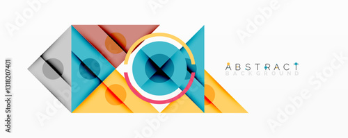 Geometric abstract design with layered triangles, circles, and gradients, forming a structured pattern with sharp contrasts and depth
