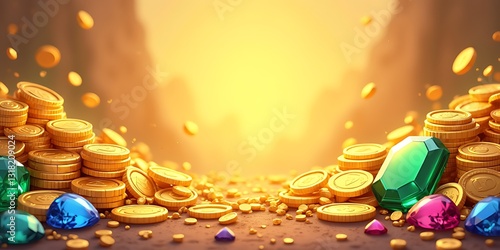 gold coins and gem stones pile, game assets isolated