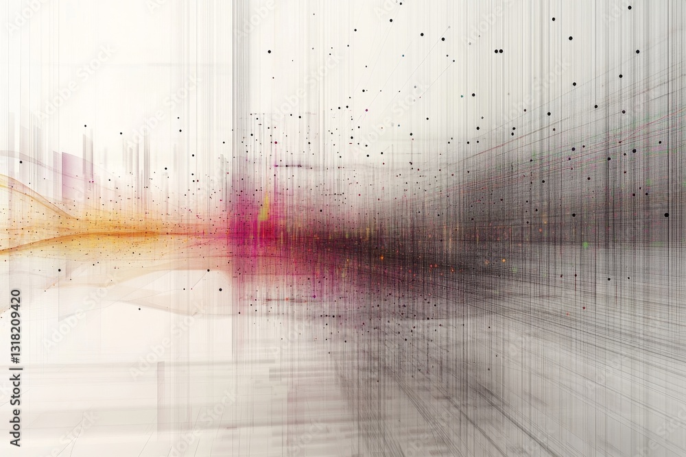 A blurry image of a cityscape with a pink and orange line running through it. The image is abstract and has a sense of movement and energy
