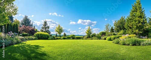 A beautiful green lawn with various trees and a bright blue sky