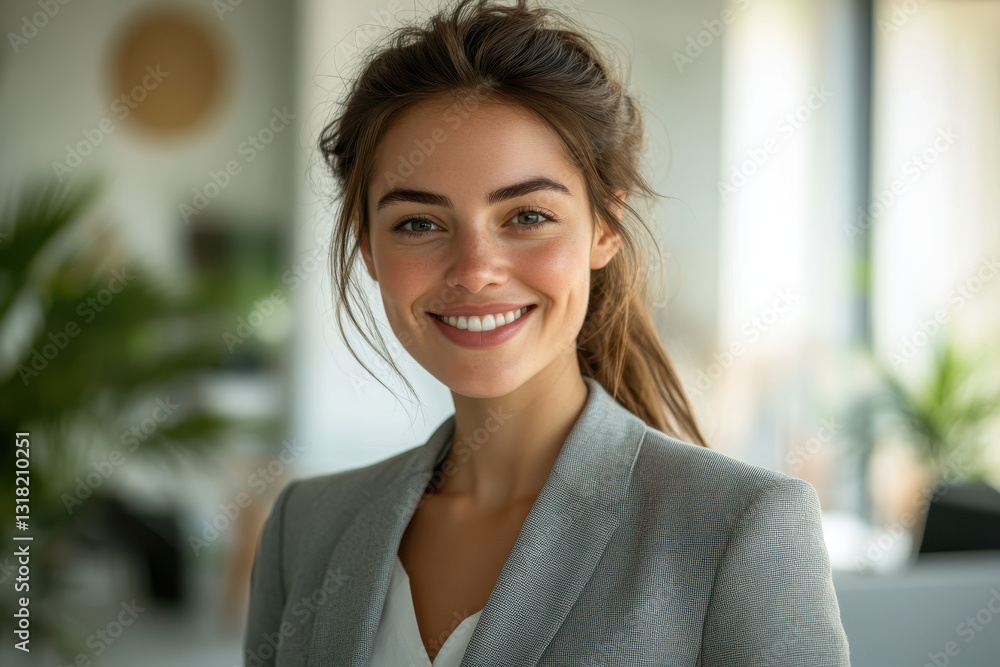 Woman smiling in office, busy desk behind her, phone in hand, laptop open. Professional, confident atmosphere, sunlight filtering through window. Woman smiling in office, busy desk behind her, phone in hand, laptop open. Professional, confident atmosphere, sunlight filtering through window.