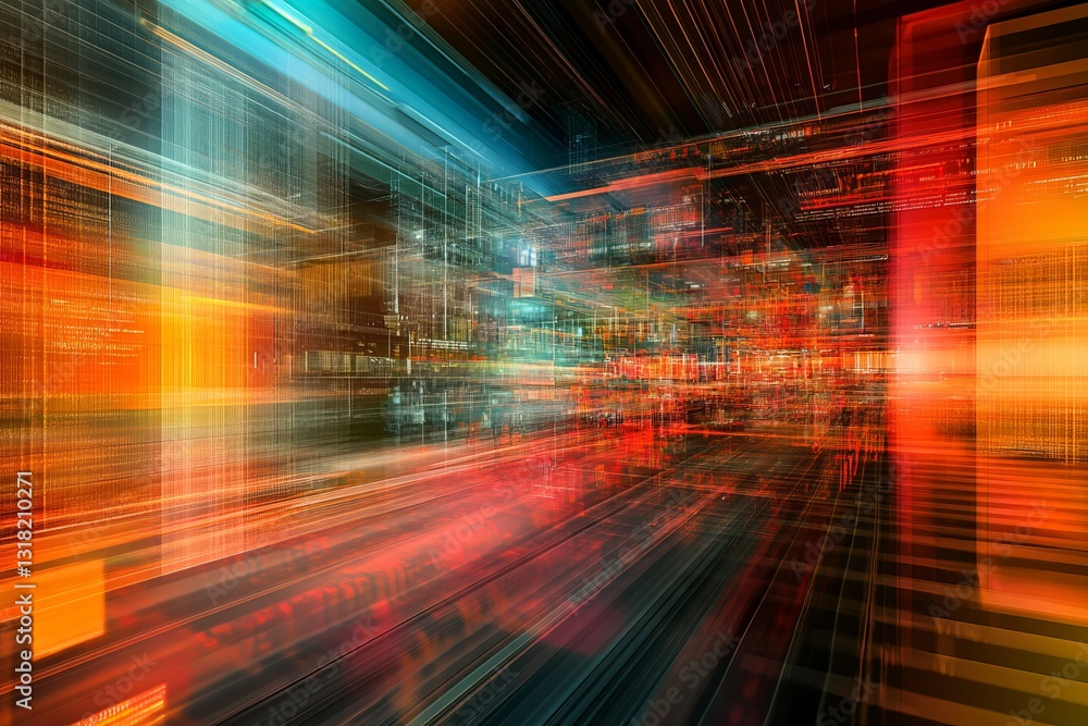 Fototapeta premium Explore a vibrant conceptual visualization depicting data flow in an abstract digital environment, showcasing bright colors and dynamic motion for a futuristic aesthetic.
