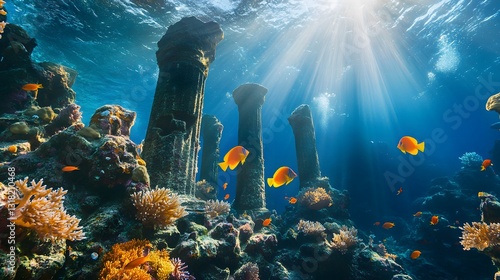 Fototapeta Naklejka Na Ścianę i Meble -  Underwater Ruins and Coral Reefs: Sun rays filter through the ocean, illuminating ancient columns surrounded by vibrant coral reefs and swimming fish.