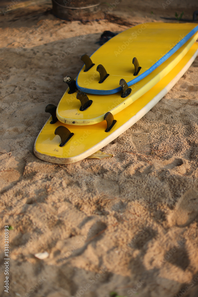 A Variety of Colorful Surfboards Resting on the Soft Beach Sand Under the Bright Sun A Variety of Colorful Surfboards Resting on the Soft Beach Sand Under the Bright Sun
