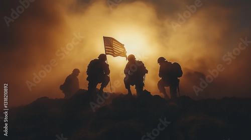 Memorial Day, Soldiers Raising American Flag at Sunrise on Battlefield, Ai Generated images.