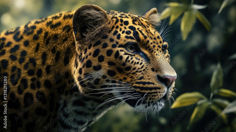 Fototapeta premium A Beautiful Leopard Head Surrounded By Green Foliage