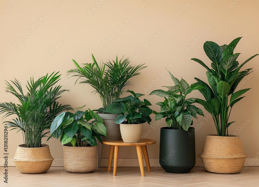 Various potted plants on small side tables against a beige background, creating a minimalist and natural home decor aesthetic Various potted plants on small side tables against a beige background, creating a minimalist and natural home decor aesthetic