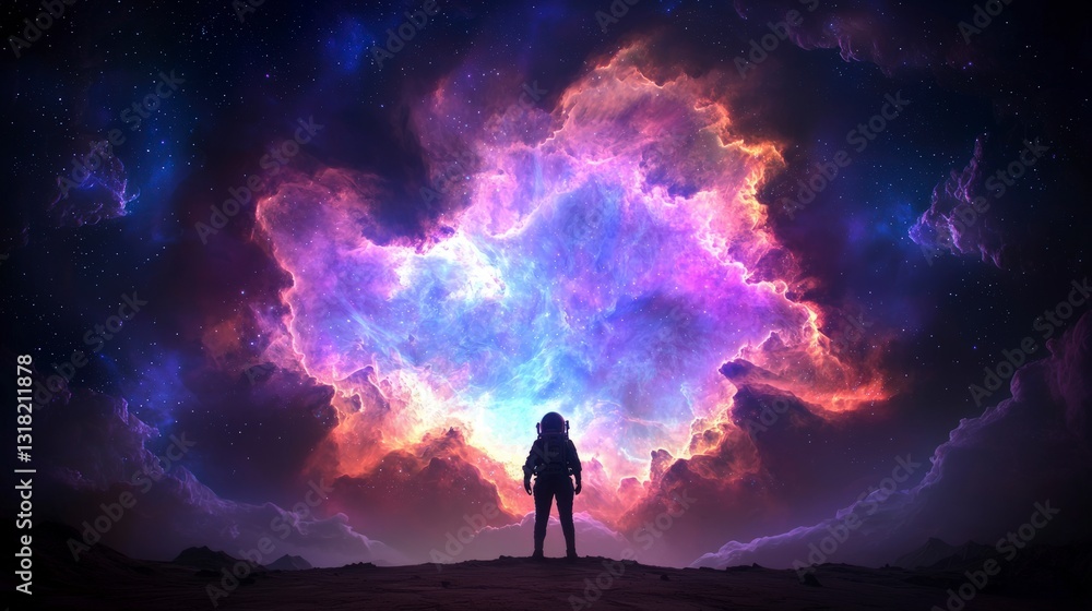 Fototapeta premium Astronaut Silhouetted Against Vibrant Nebula in Space