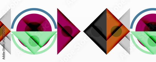 Geometric abstract design with layered triangles, circles, and gradients, forming a structured pattern with sharp contrasts and depth