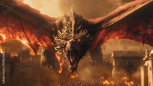 Rampaging Dragon's Fury: A colossal dragon descends upon a besieged medieval fortress, unleashing fire and destruction in a scene of epic conflict.