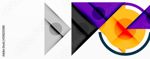 Geometric abstract design with layered triangles, circles, and gradients, forming a structured pattern with sharp contrasts and depth