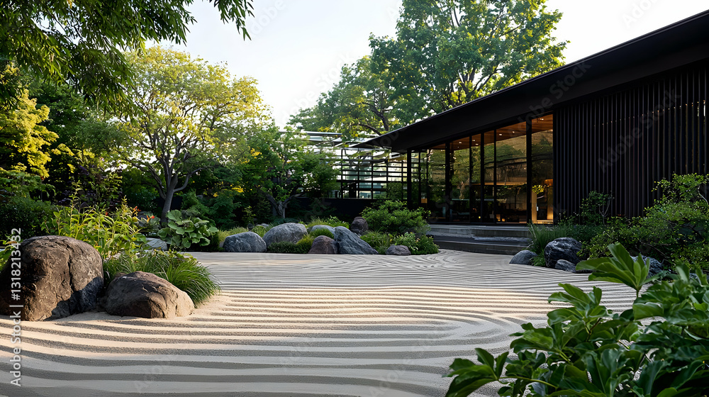 Fototapeta premium Japanese Zen Garden With Raked Sand Stone Arrangements and Contemporary Architectural Building Under Bright Sunlight
