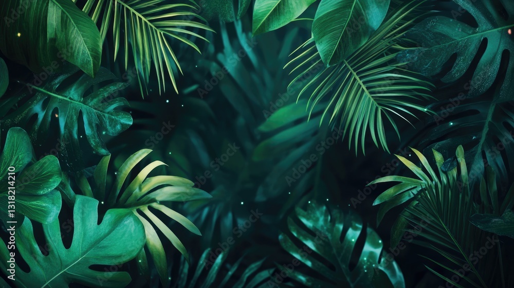 Fototapeta premium Lush tropical foliage composition with vibrant green and dark tones