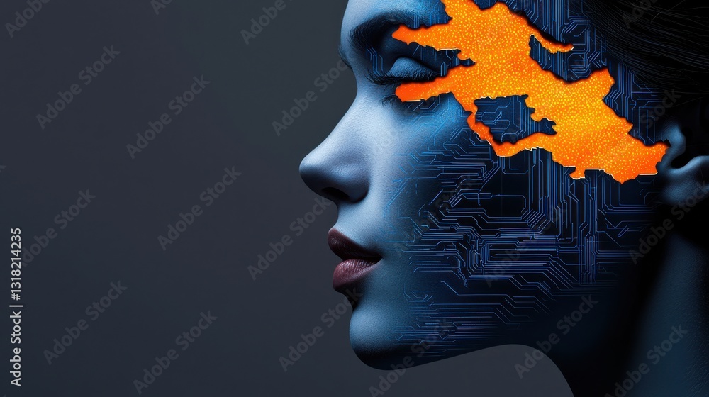 Digital illustration of a human head with circuit patterns and a glowing map Digital illustration of a human head with circuit patterns and a glowing map