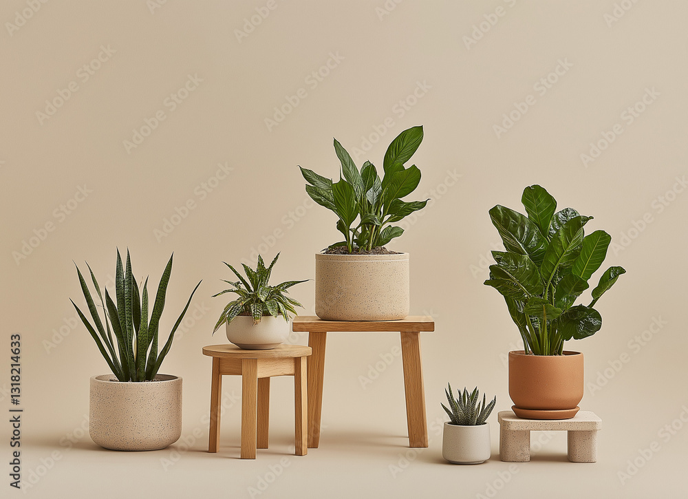 Fototapeta premium Various potted plants on small side tables against a beige background, creating a minimalist and natural home decor aesthetic