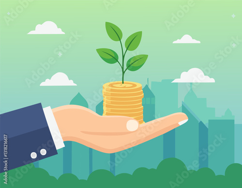 Concept of money with plant growing from coins in hand. Financial and save money concept.