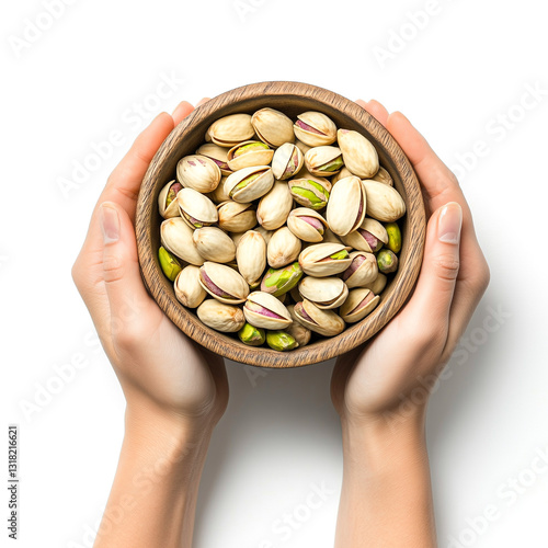 Hands gently holding a wooden bowl filled with fresh pistachios