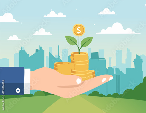 Concept of money with plant growing from coins in hand. Financial and save money concept.