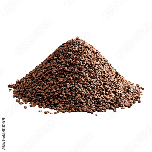 A small mound of brown instant coffee granules piled high makes an excellent visual for beverage marketing isolated on transparent background.