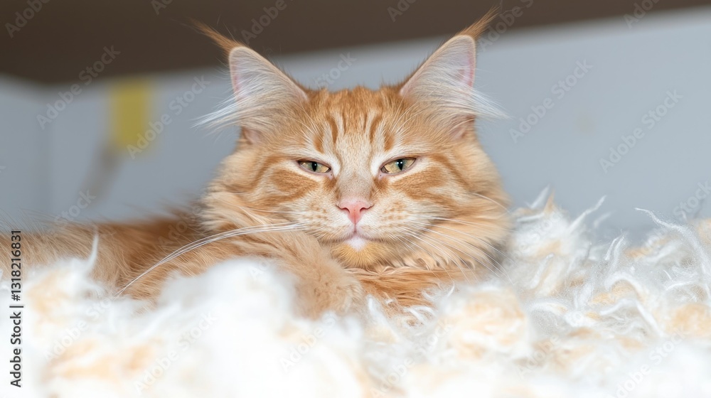 Obraz premium Serene Ginger Maine Coon Cat Resting on Fluffy Blanket