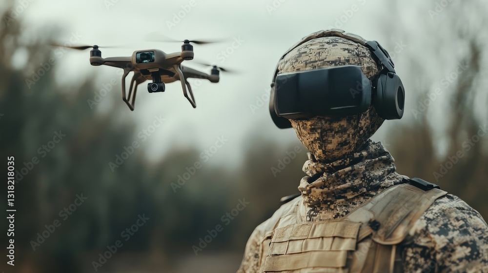 Fototapeta premium Ground reconnaissance drone operated by soldier wearing virtual reality headset in outdoor environment. National Robotics Week