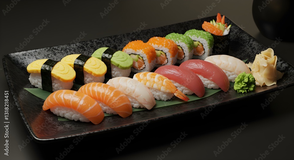 A delectable assortment of sushi rolls and nigiri arranged beautifully on a black serving platter. A delectable assortment of sushi rolls and nigiri arranged beautifully on a black serving platter.
