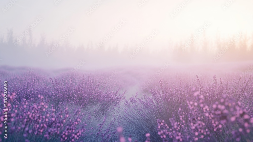 Lavender flowers in a field bathed in morning mist Lavender flowers in a field bathed in morning mist