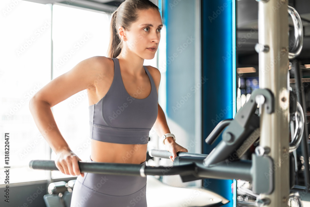 Fototapeta premium Slim sporty woman doing push-ups in a gym.