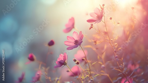 Beautiful cosmos flowers in the garden. Soft focus. Vintage style.