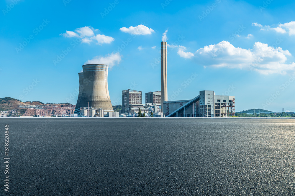 Asphalt road leading to power plant with blue sky and white clouds Asphalt road leading to power plant with blue sky and white clouds