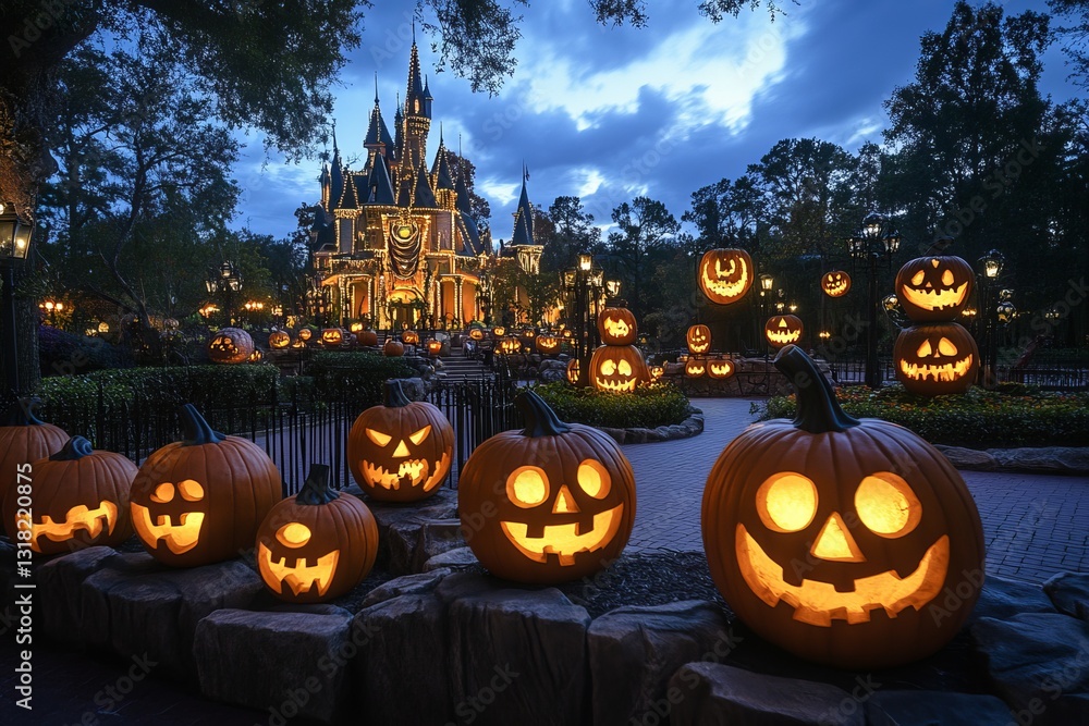Obraz premium A captivating scene featuring carved jack-o'-lanterns glowing brightly under a twilight sky, illuminating a fairytale castle. The festive atmosphere embodies Halloween charm.