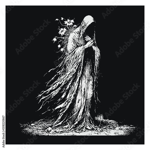 illustration of a witch in a black dress